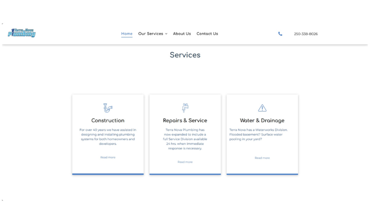 Terra Nova Plumbing services section by Draws Media.