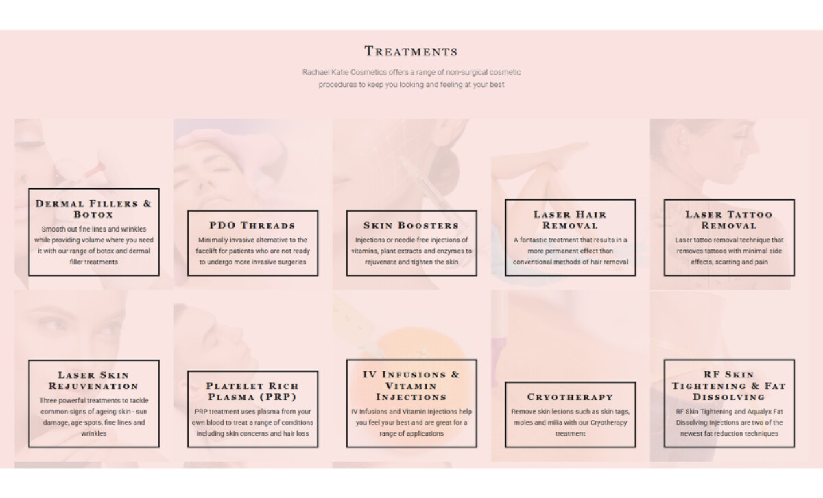 Rachael Katie Cosmetics treatments section by Jimi Mac Web Design.