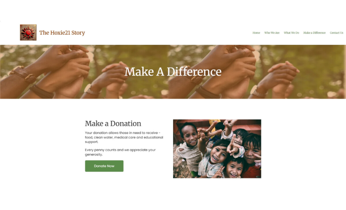 Hoxie21 Legacy 'Make A Difference' page showing donation information by Advantas Computer & Technology.