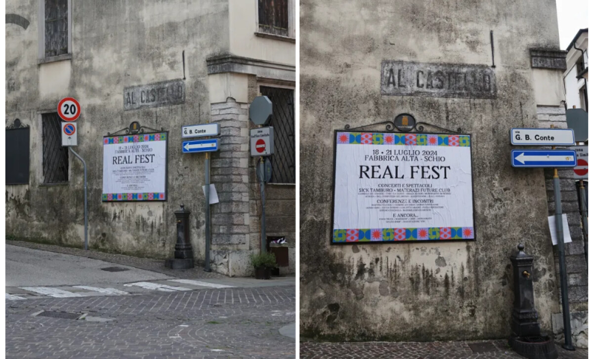 Two views of a Real Fest poster mounted on a building wall by Quivirgola.