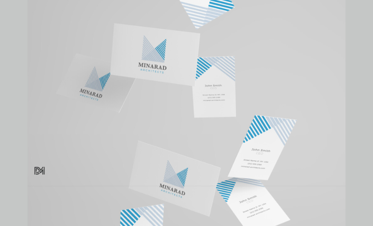Mock-up displaying multiple Minarad Architects business cards by Damir Matas.