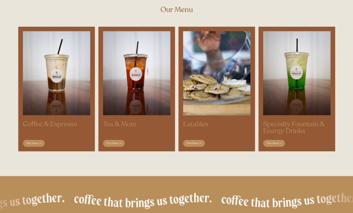 Mowgli's Cafe website displaying menu categories.