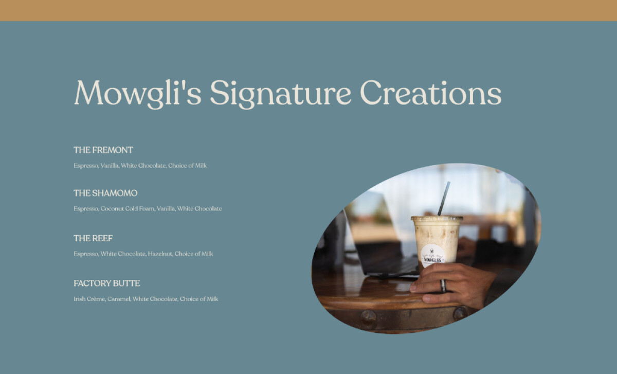 Mowgli's Cafe website featuring their Signature Creations menu.