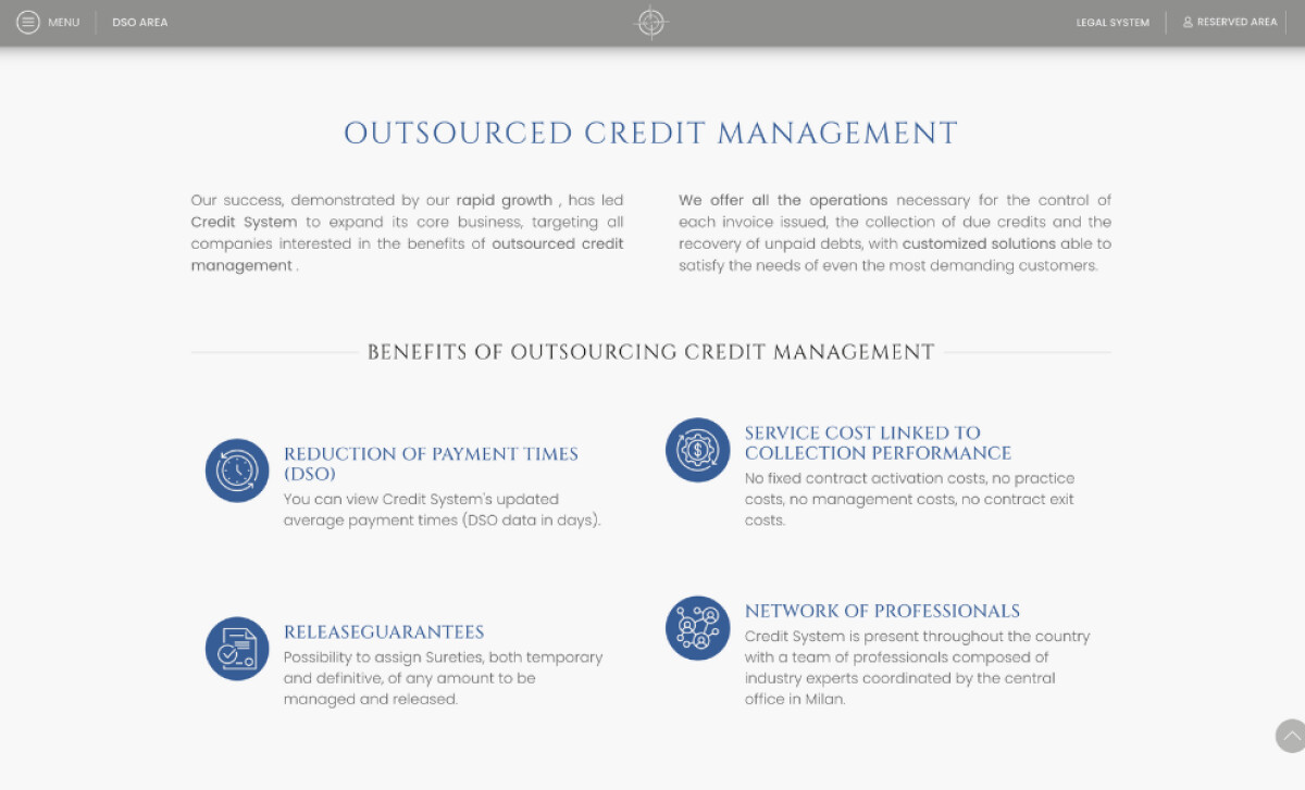 Outsourced Credit Management services section detailing benefits.