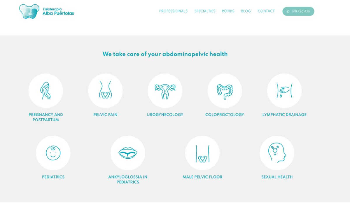 Service section of Fisioterapia Alba Puértolas website displaying services.