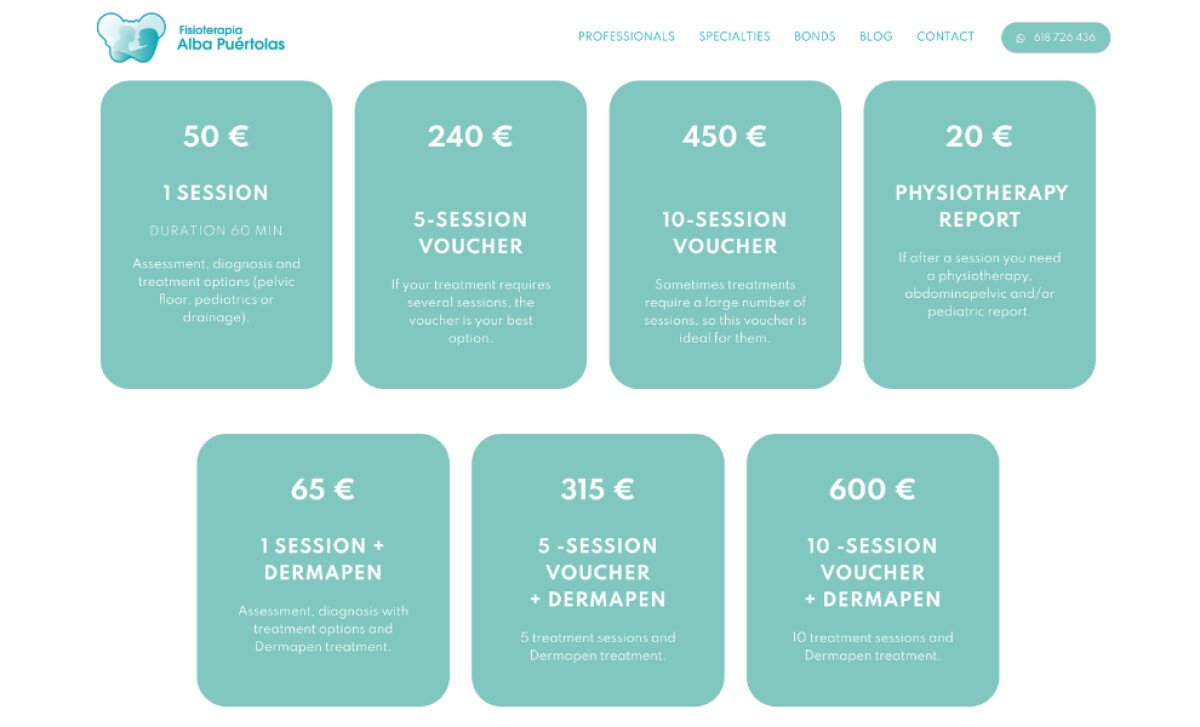 Pricing section on the Fisioterapia Alba Puértolas website.