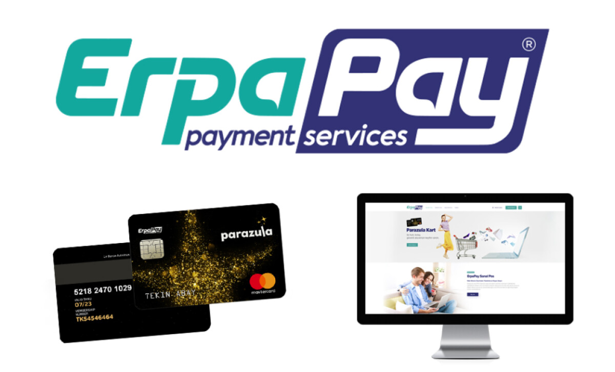 ErpaPay logo alongside two credit cards branded with the company logo and on a computer screen.