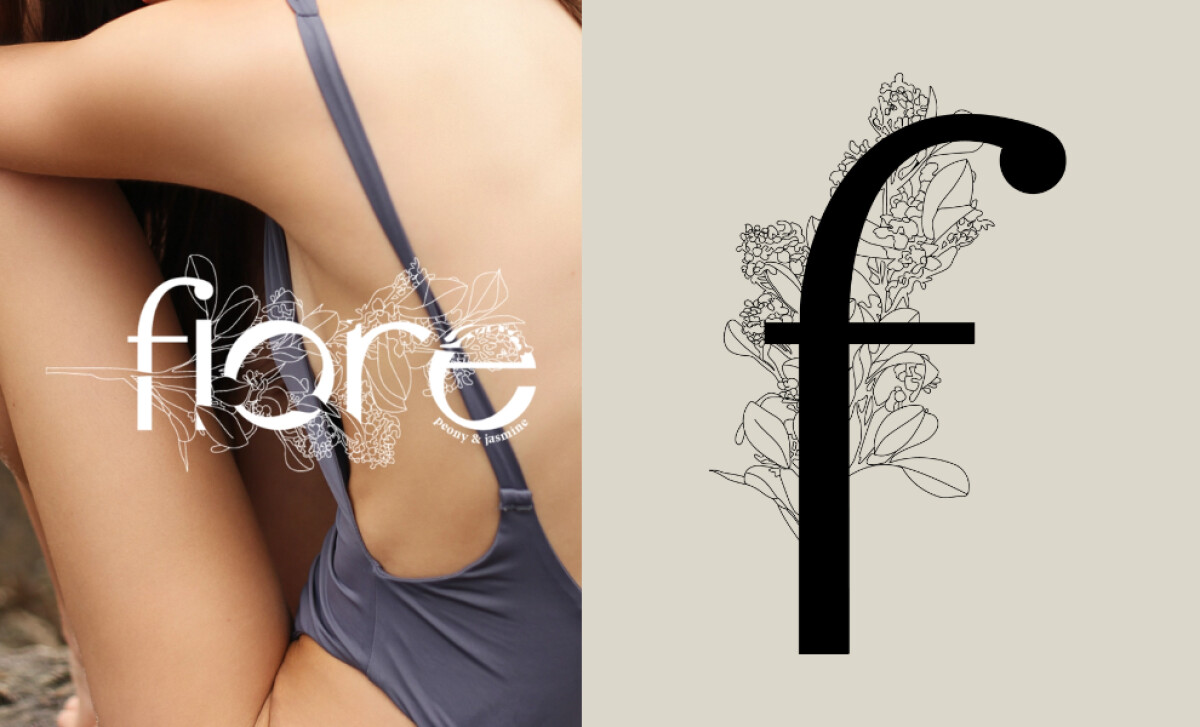 Fiore logotype over model image with botanical overlay.