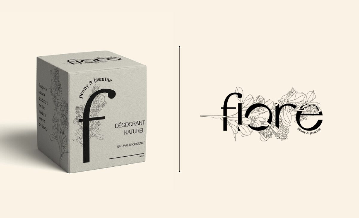 Product box and logo design showcasing floral graphics and elegant layout.