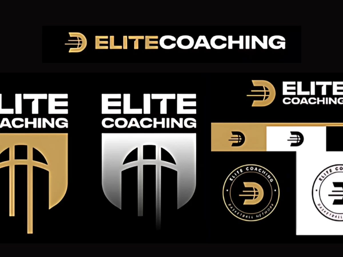 Logo variations of Elite Coaching designs featuring gold and silver shield icons