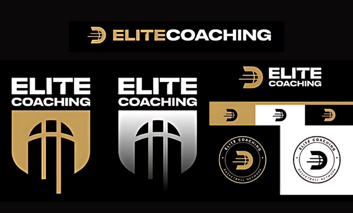 Logo variations of Elite Coaching designs featuring gold and silver shield icons