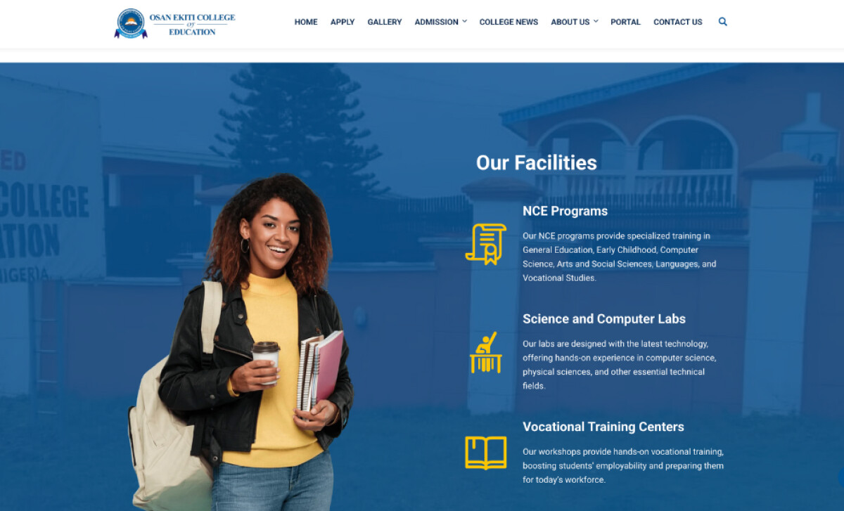 Osan Ekiti College of Education website page showcasing icons representative of their facilities