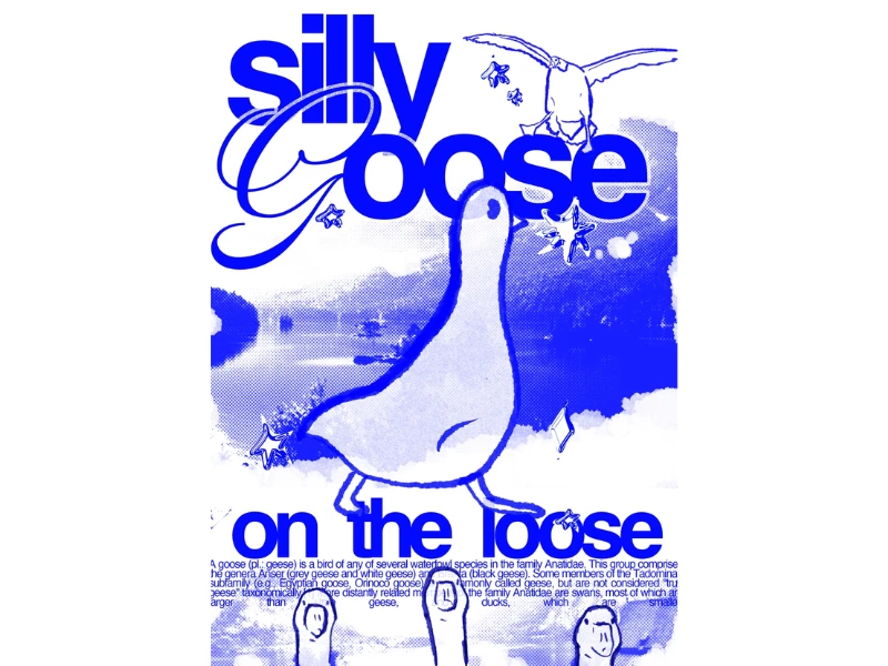 the "Silly Goose" poster design featuring playful typography and vibrant blue colors