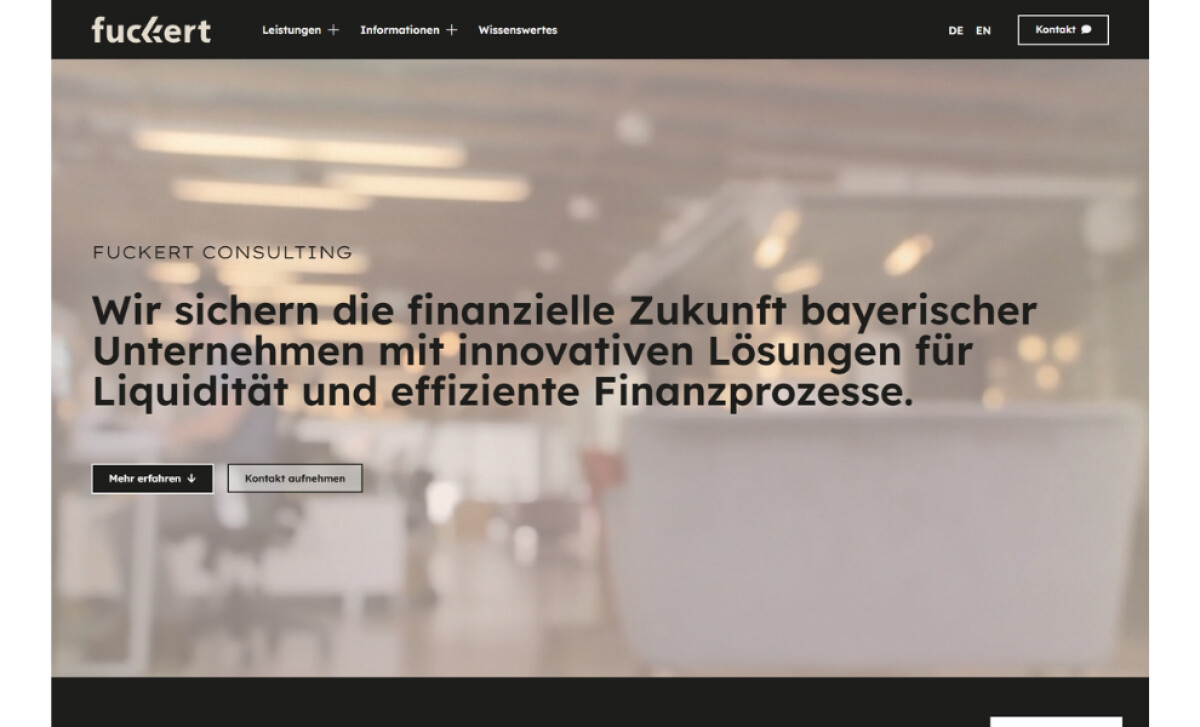 the Fuckert Consulting website’s homepage with a semi-opaque video background.