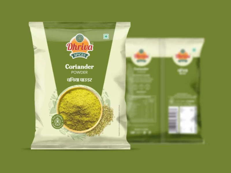 Dhriva Spices coriander powder packaging design by Palsa Design Studio.