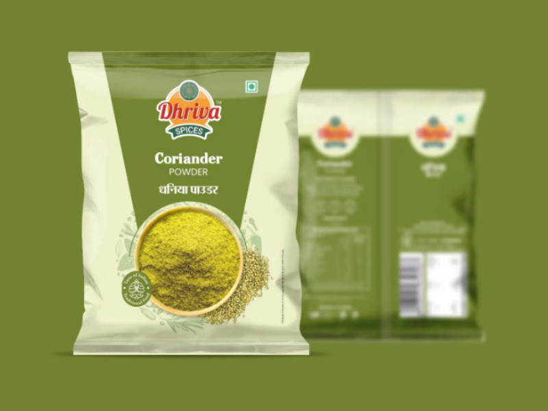 Dhriva Spices coriander powder packaging design by Palsa Design Studio.