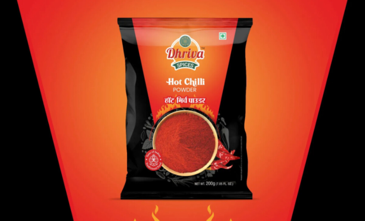Dhriva Spices hot chili powder packaging design by Palsa Design Studio.