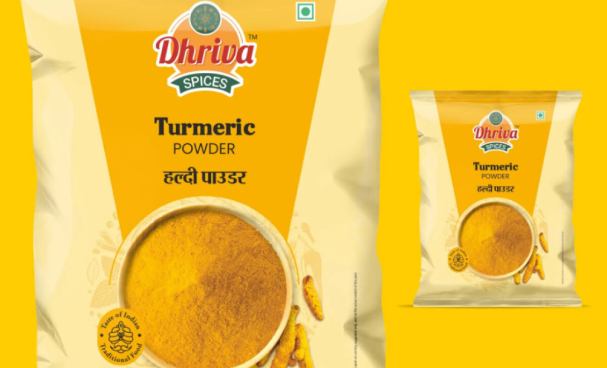 Dhriva Spices turmeric powder packaging design by Palsa Design Studio.
