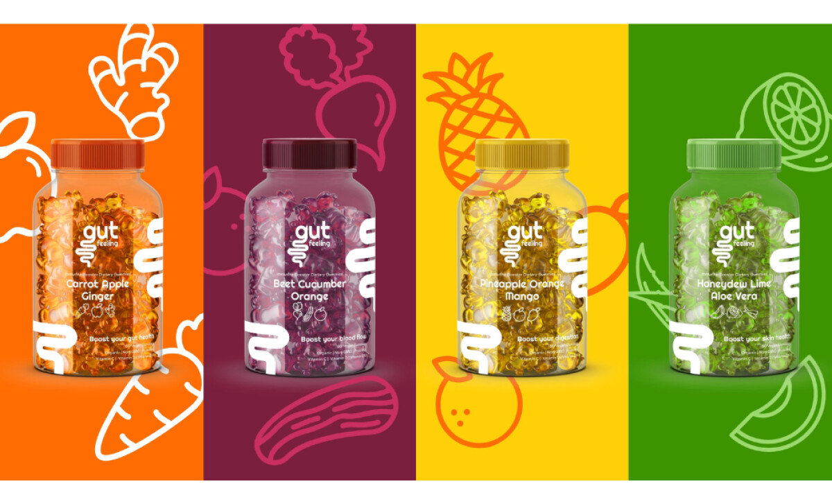 Gut Feeling set of four product bottles in varying colors by TNT Graphic Design.