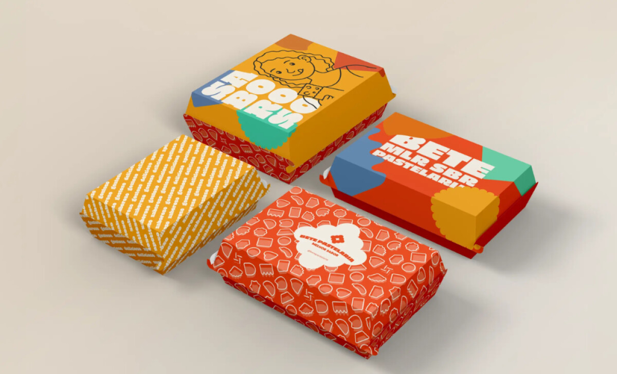 Assortment of four Bete Pastelaria food boxes by Cheo Studio.