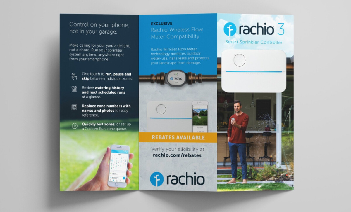Rachio opened tri-fold brochure by Blair Rosen.