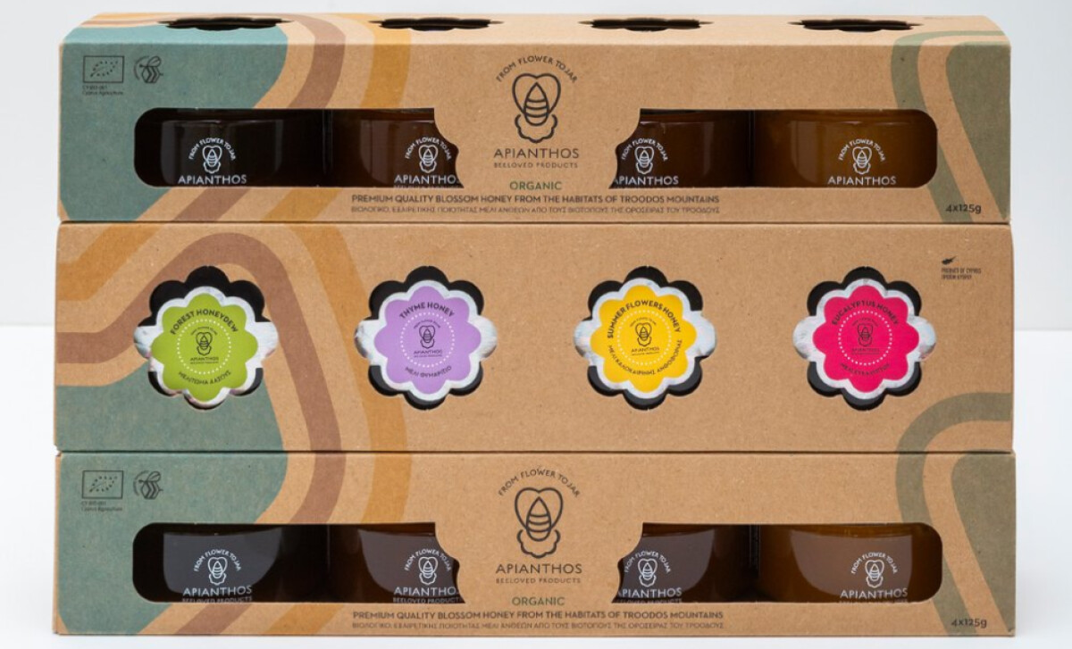 Apianthos Organic Honey stacked boxes by Appios.