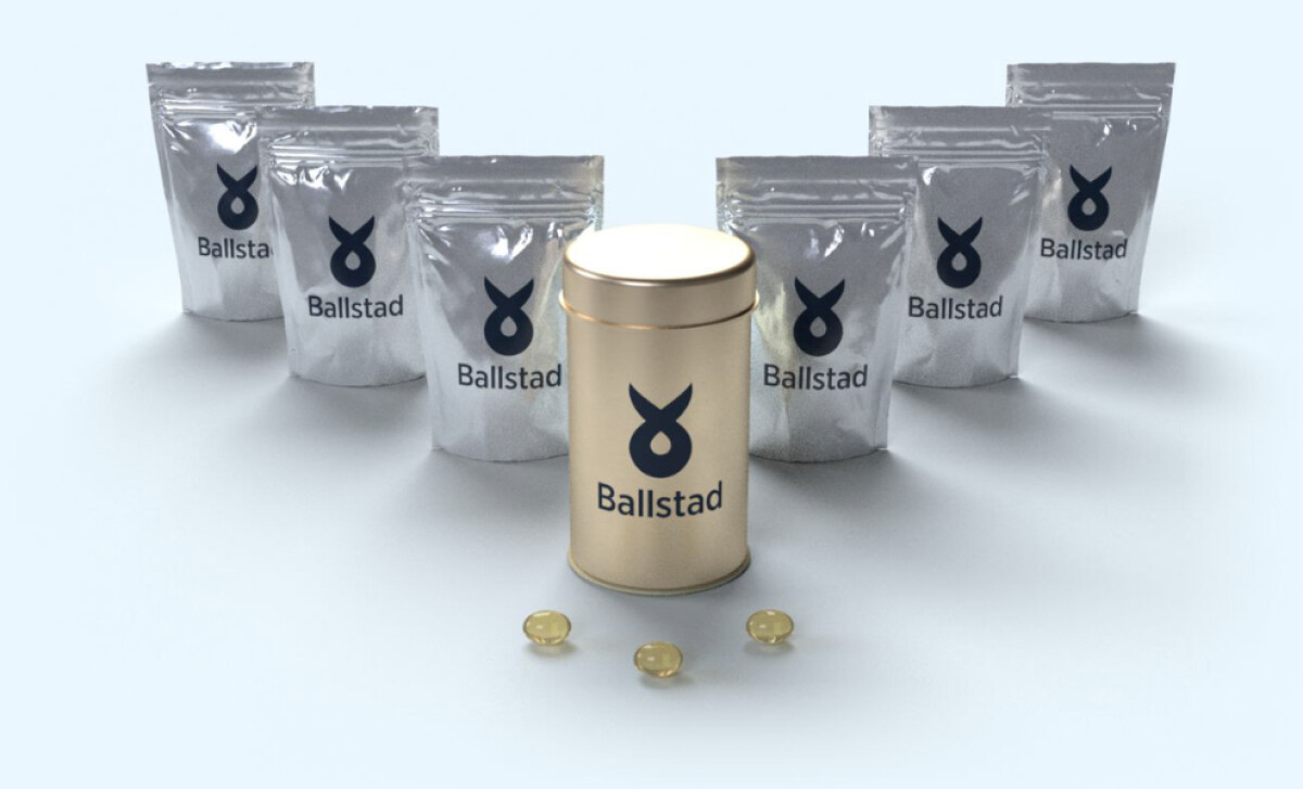 Product display for Ballstad Omega-3 supplements by Mark Hale Design Studio.
