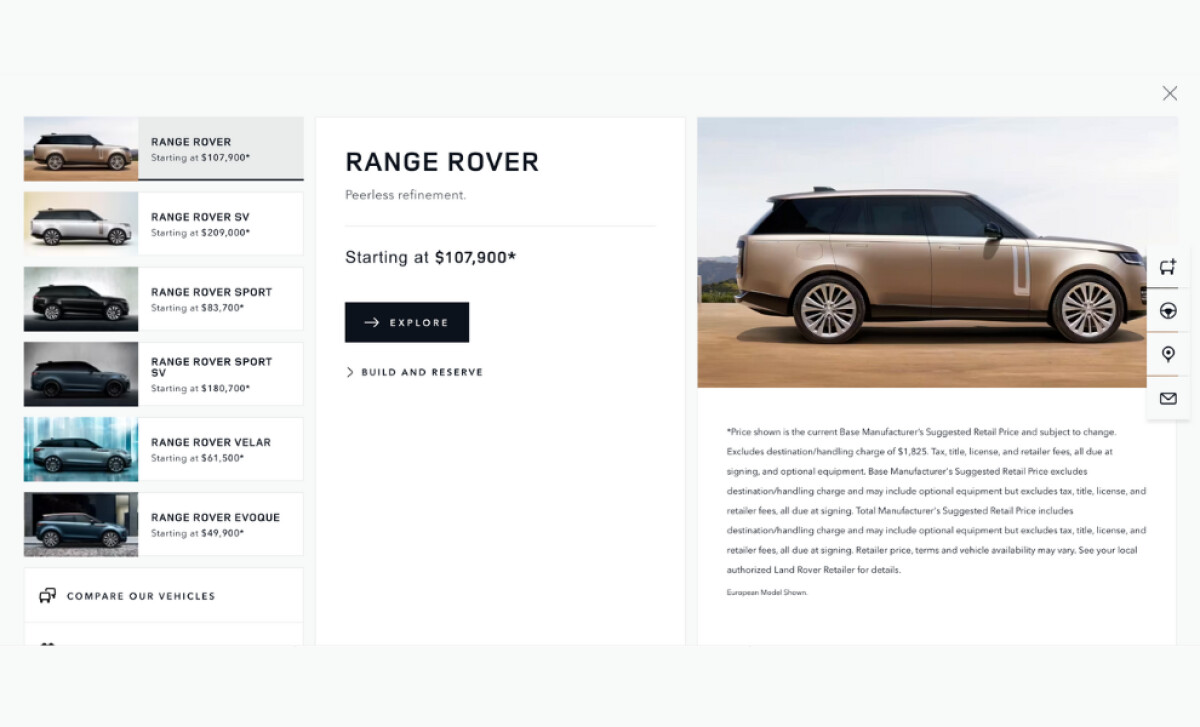 Range Rover Velar Website's Navigational Elements