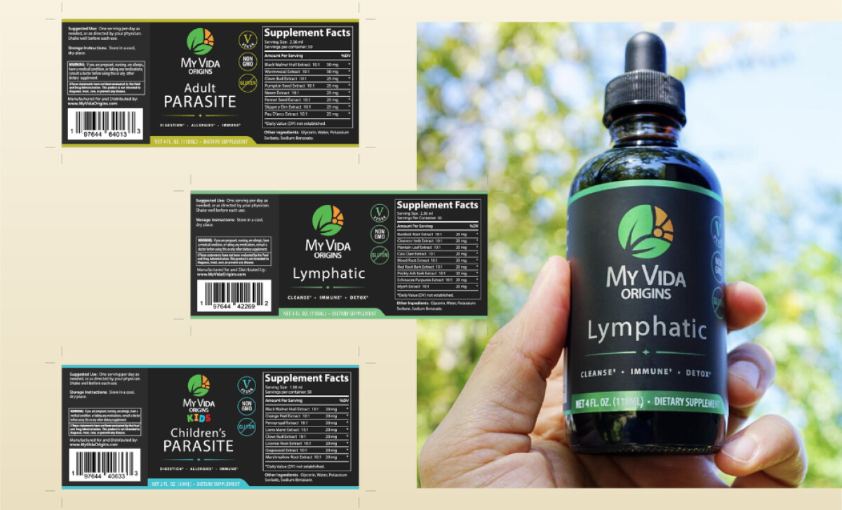 My Vida Origins supplement labels by Blanco.