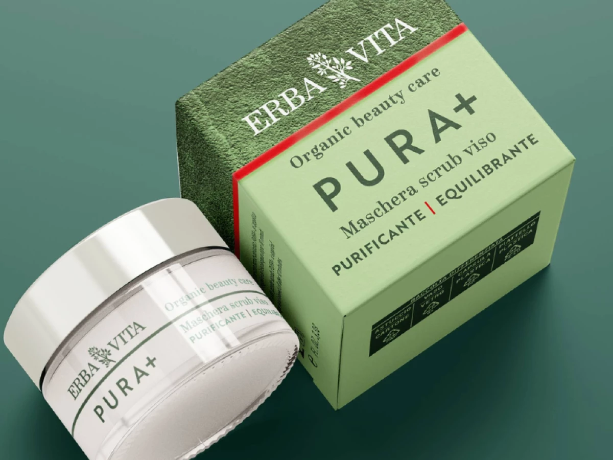 Linea cosmetica Erbavita scrub mask jar and packaging box by Diligo.