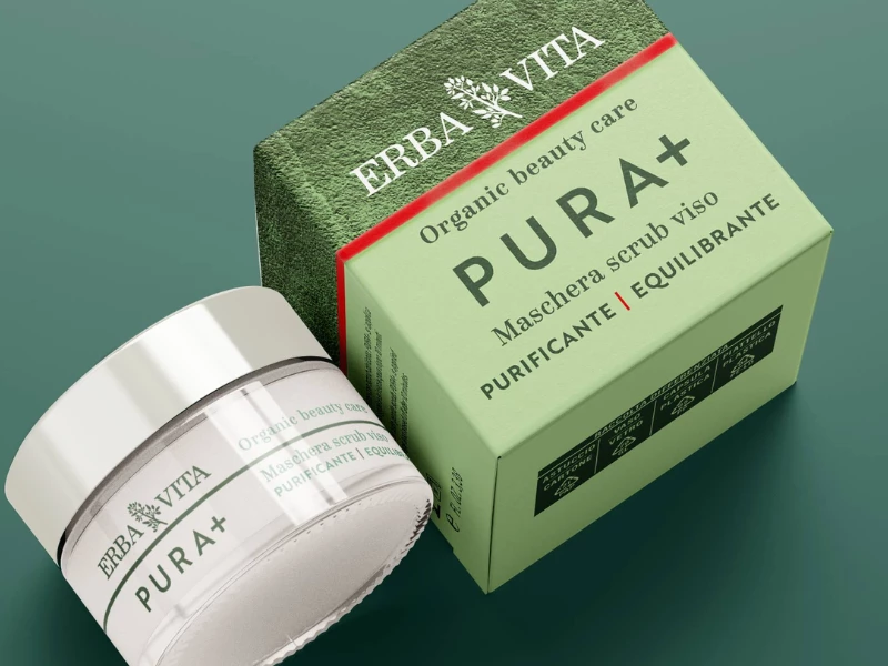 Linea cosmetica Erbavita scrub mask jar and packaging box by Diligo.