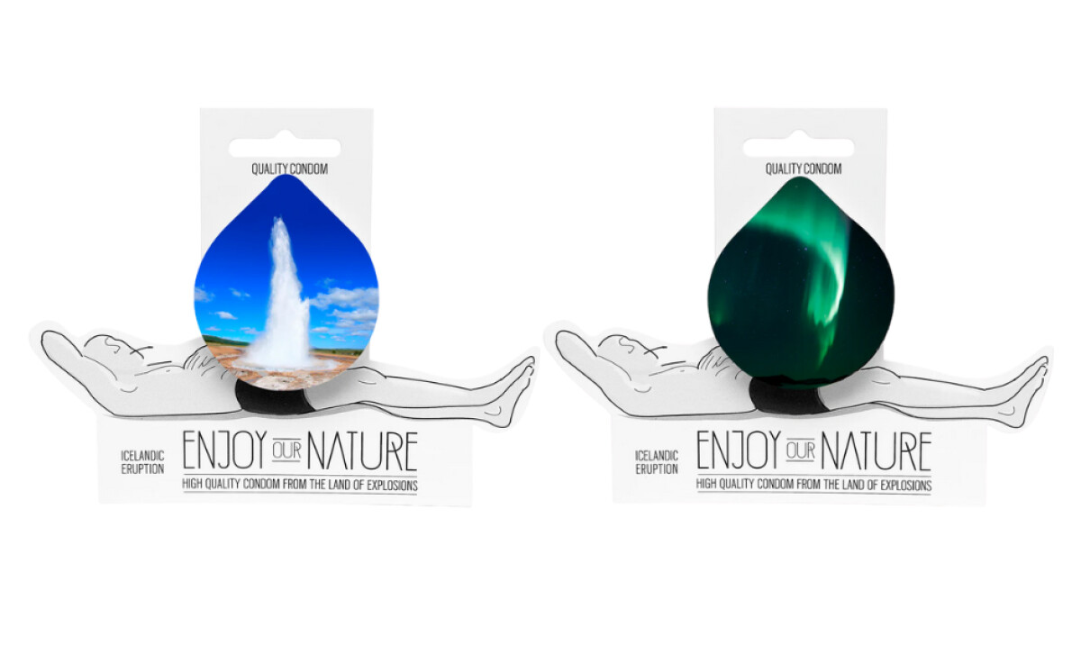 Enjoy Our Nature packaging with geyser photo and reclining figure illustration