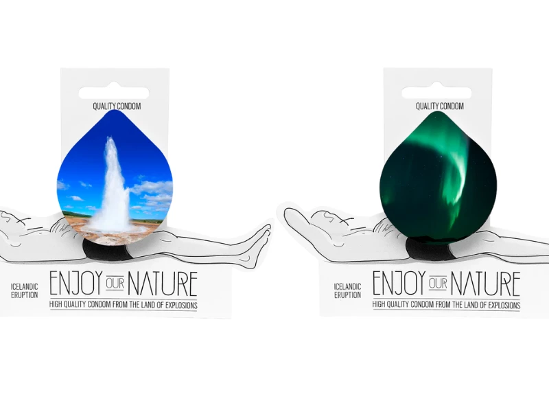 Enjoy Our Nature packaging with geyser photo and reclining figure illustration