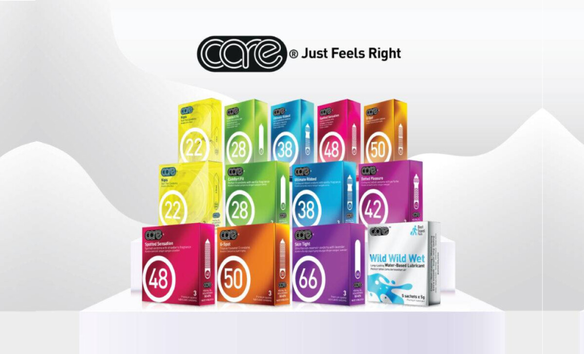 Care Condom packaging lineup with vibrant color-coded boxes