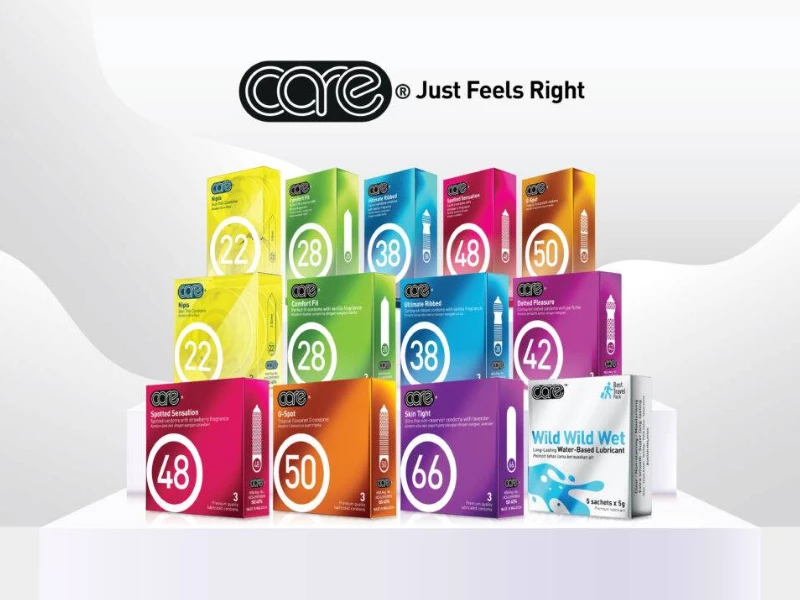 Care Condom packaging lineup with vibrant color-coded boxes