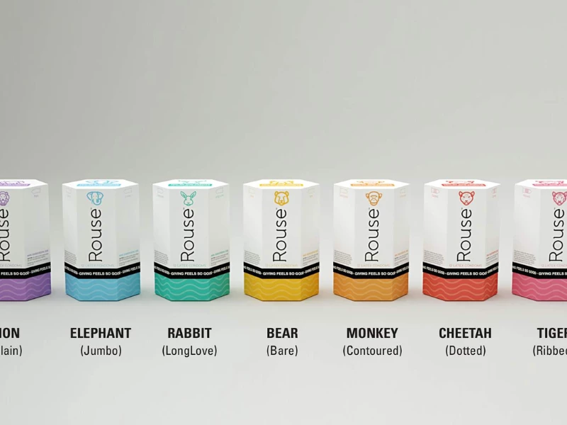 Rouse Condoms packaging lineup featuring animal-themed variant icons