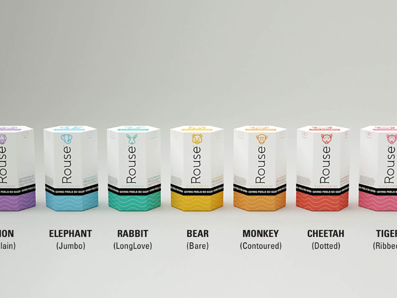 Rouse Condoms packaging lineup featuring animal-themed variant icons