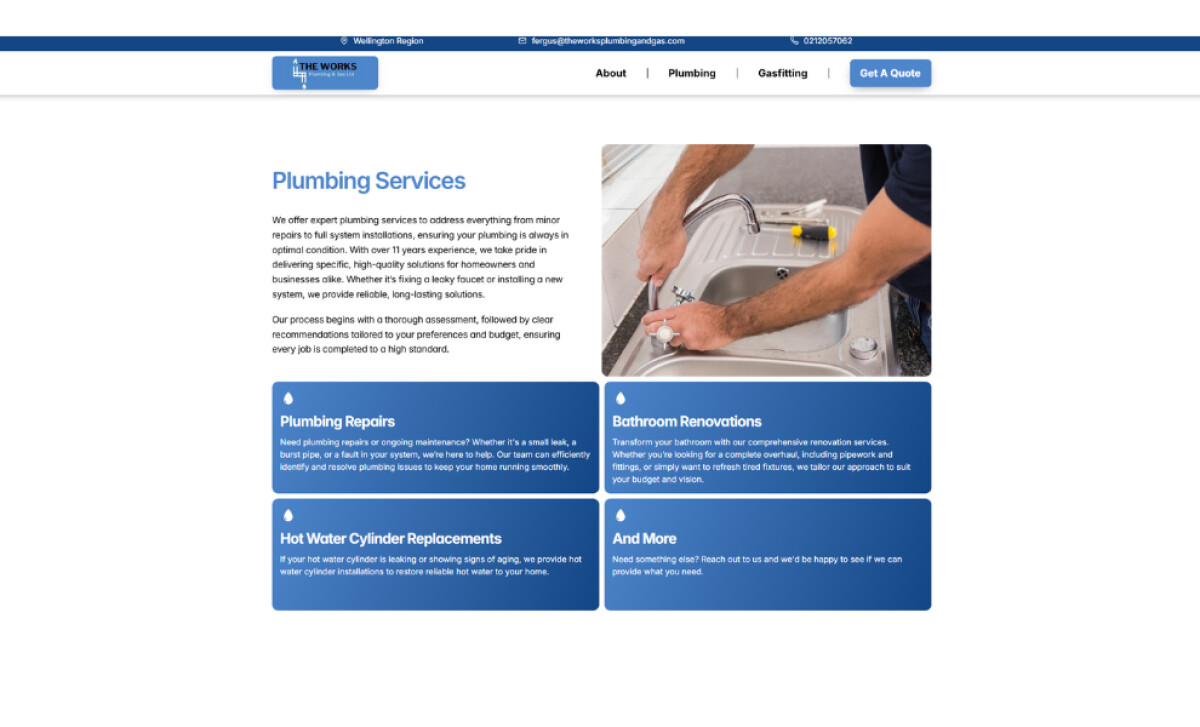The Works Plumbing and Gas Plumbing Services section by Tim Stewart Web Design.