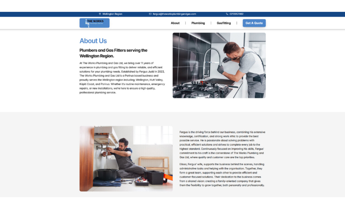 The Works Plumbing and Gas About Us section by Tim Stewart Web Design.