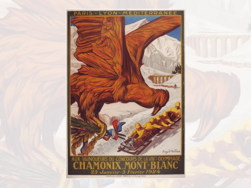Golden eagle and bobsled team in 1924 Chamonix Winter Olympics poster.