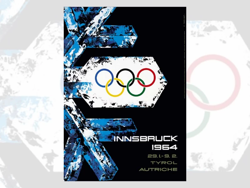 Blue snowflake and Olympic rings in 1964 Innsbruck Winter Olympics poster.