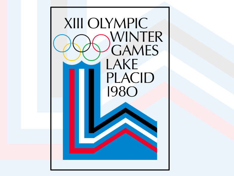 Lake Placid 1980 Olympics poster with stylized “L” and Olympic rings.