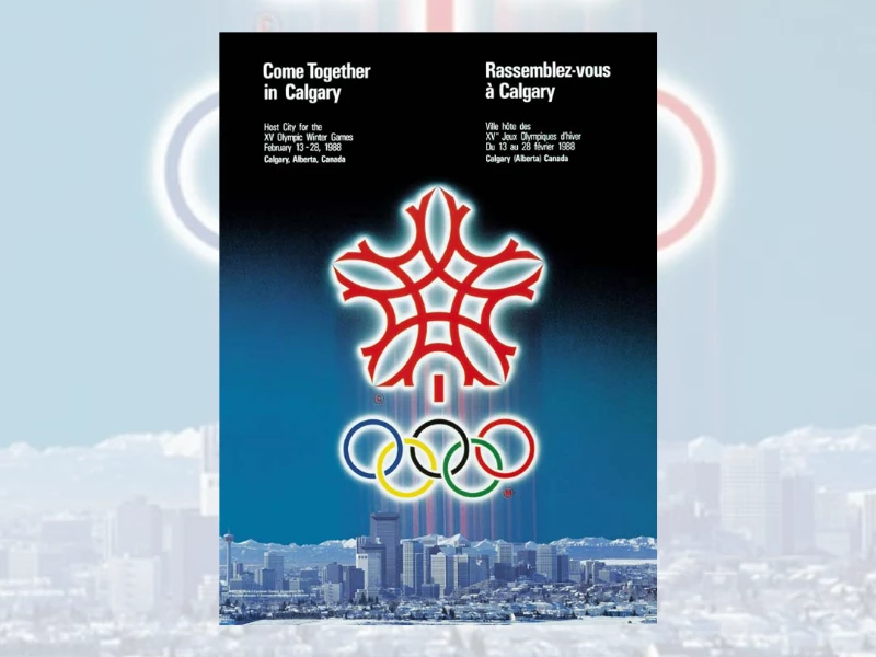 Calgary 1988 Winter Olympics poster featuring red emblem, skyline, and dual-language slogan.