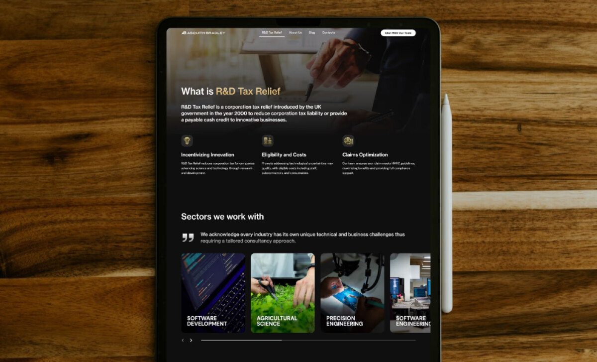 Asquith Bradley Consulting R&D Tax Relief section by Prismatico Studio.