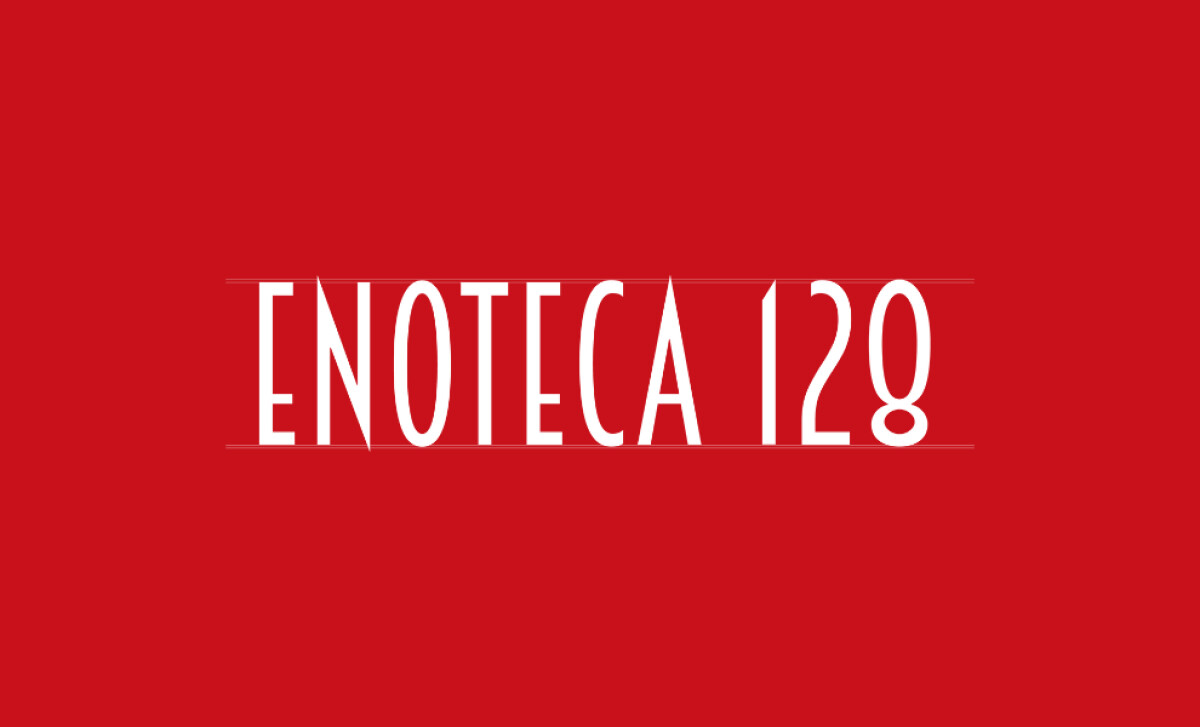 Enoteca 128 logo on a red background by Michele Marongiu Design.