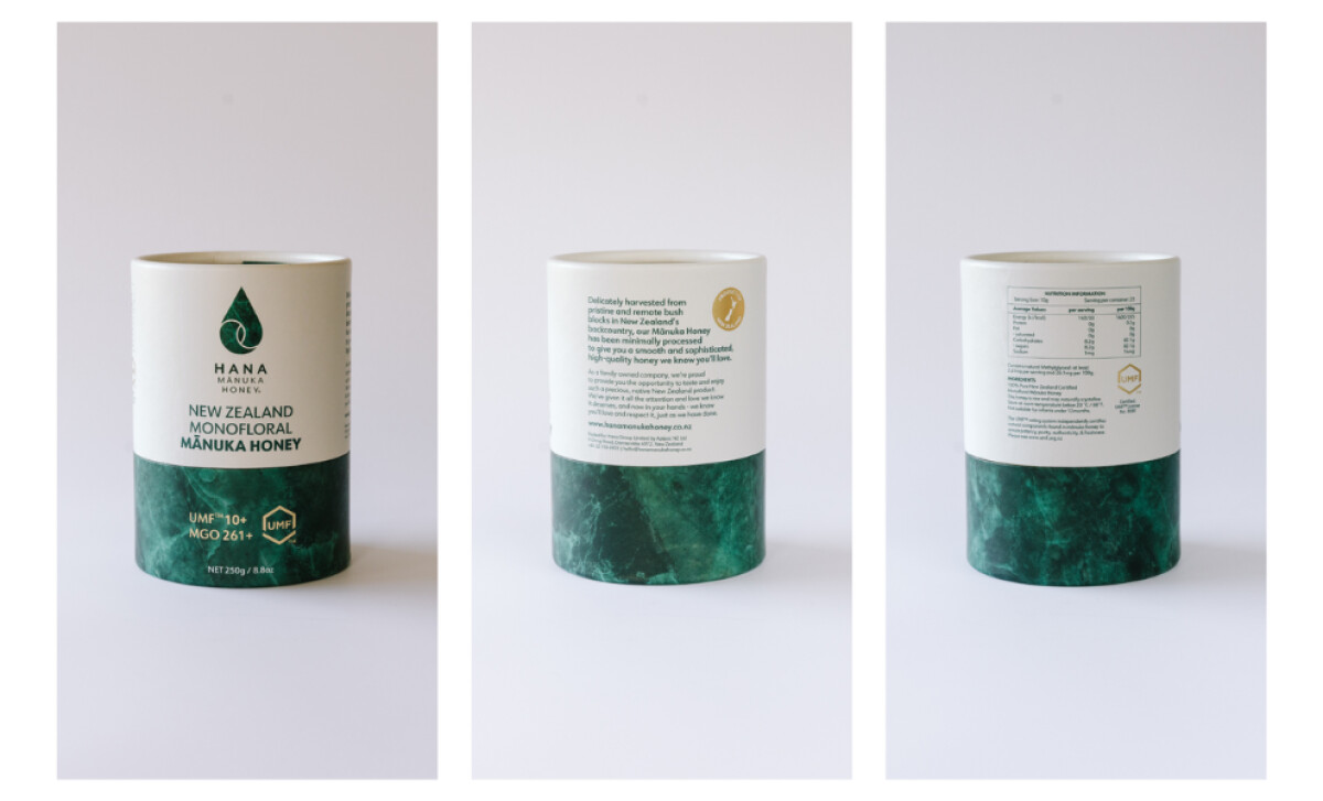 Hana Manuka Honey cylindrical tube packaging by Jess Wilson Design.