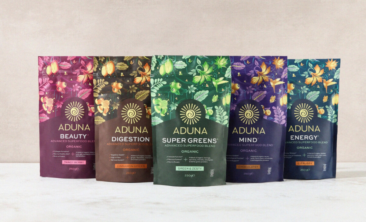 Aduna Superfood Blends Pouch packaging design by One2love Agency.