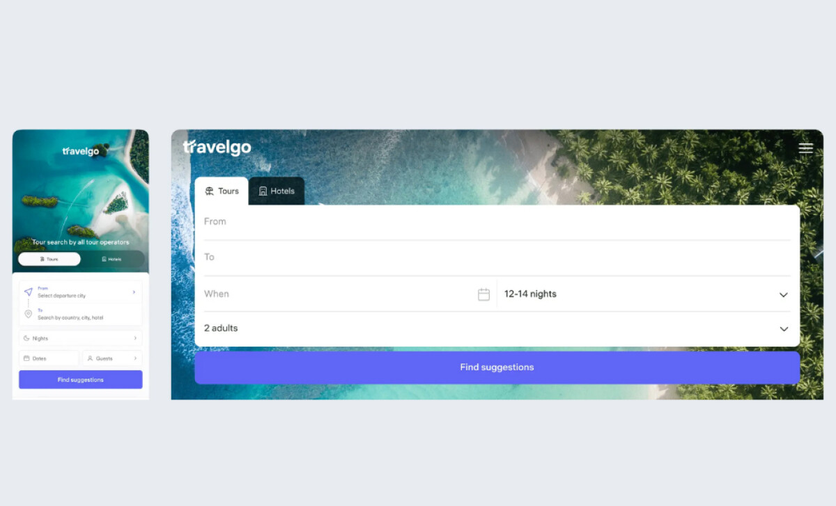 TravelGo tour and hotel search interface by dev.family.