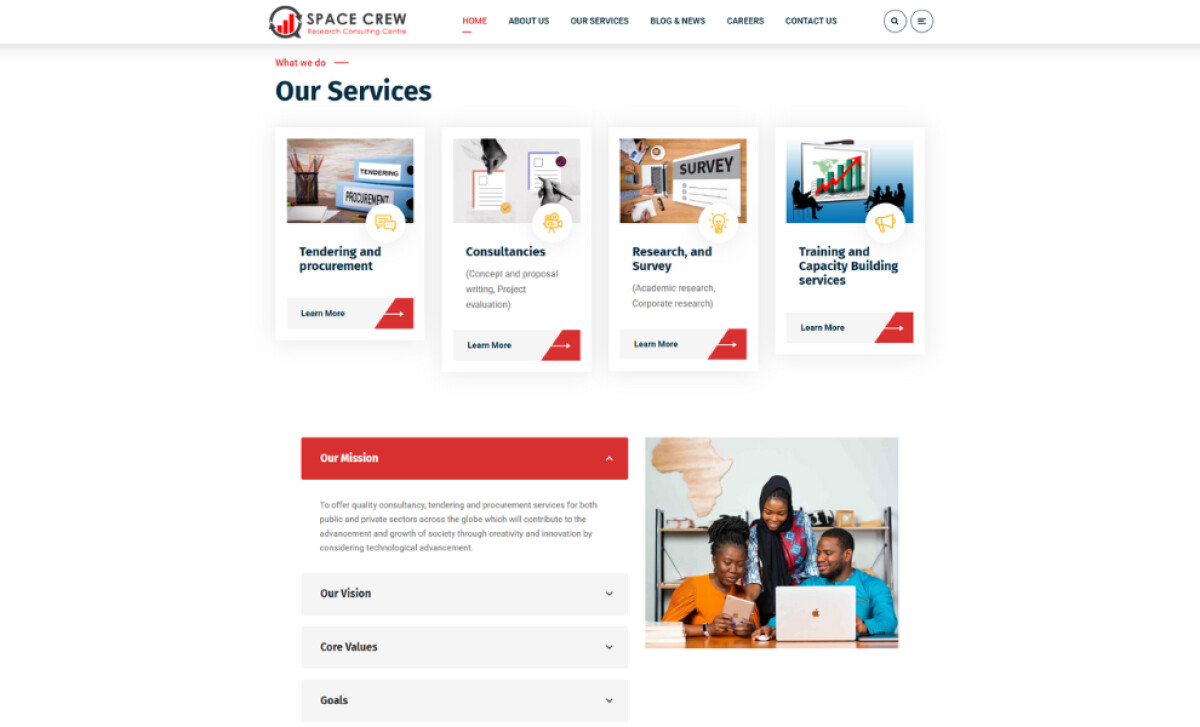Space Crew Research Consulting Centre services and mission page by Webfleek Technologies.