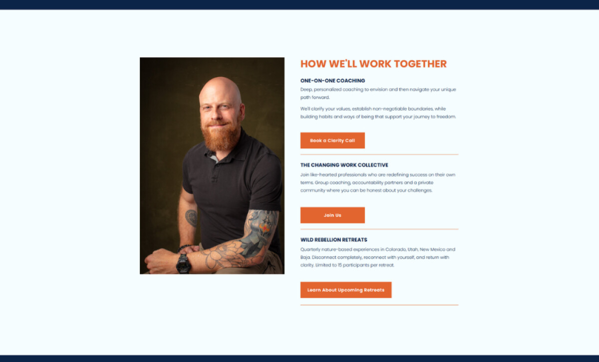 Nicholas Whitaker Coaching How We'll Work Together page by Design Mingle.